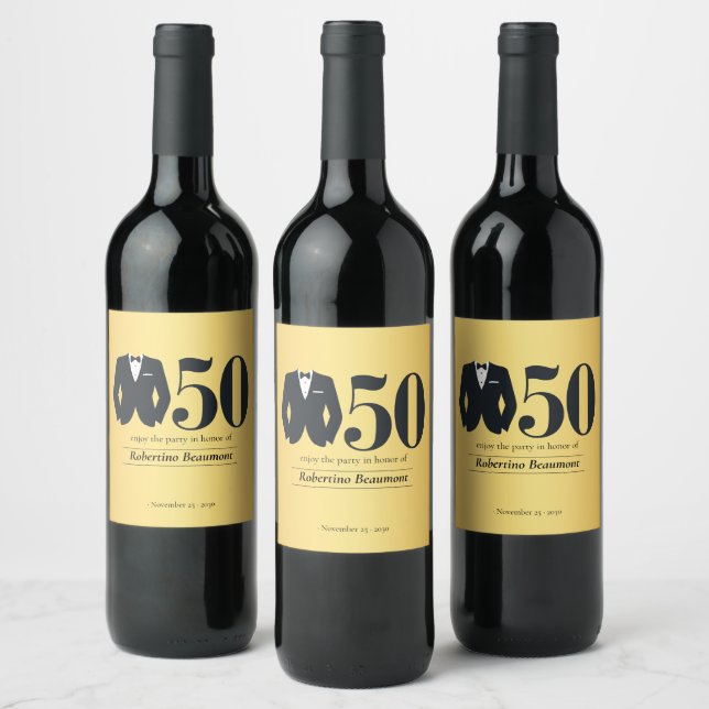 Men's Elegant Tuxedo Gold Black 50th Birthday Wine Label (Bottles)