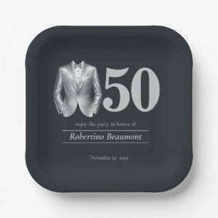 Men's Elegant Tuxedo Silver Black 50th Birthday Paper Plate