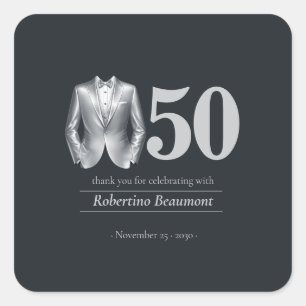 Men's Elegant Tuxedo Silver Black 50th Birthday Square Sticker
