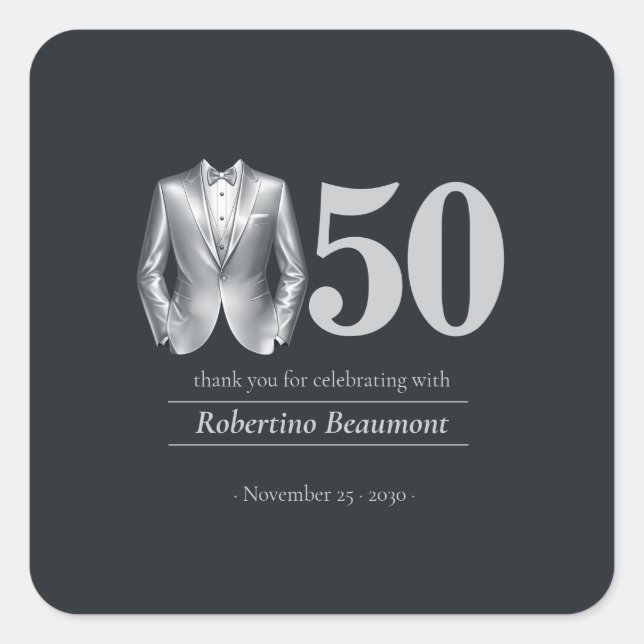 Men's Elegant Tuxedo Silver Black 50th Birthday Square Sticker (Front)