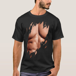 Mens Fake Chest Muscles Ripped Torn Six Pack Gym F T-Shirt