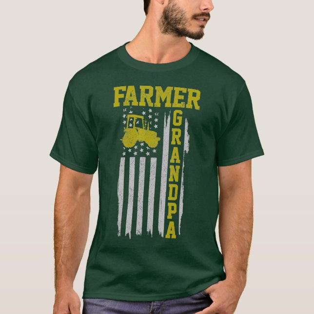 Mens Farmer Grandpa American Flag Tractor Farm T-Shirt (Front)