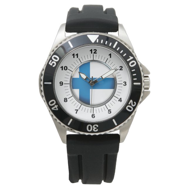 Men's Finland Flag Crown Black Rubber Strap Watch (Front)