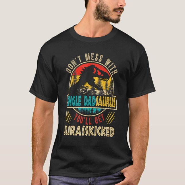 Mens Fun Distressed Single Dadsaurus Dinosaur Rex  T-Shirt (Front)