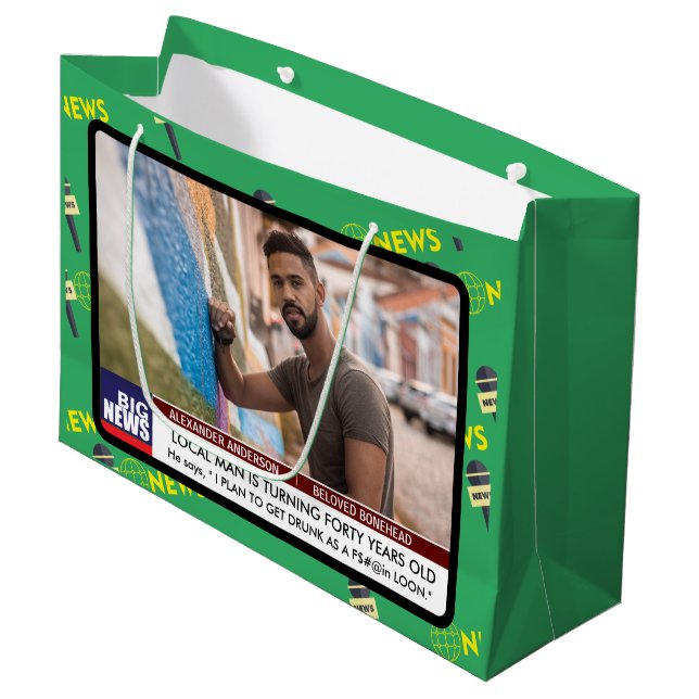 Mens Funny 40th Birthday TV News 50th 60th  Large Gift Bag (Front Angled)
