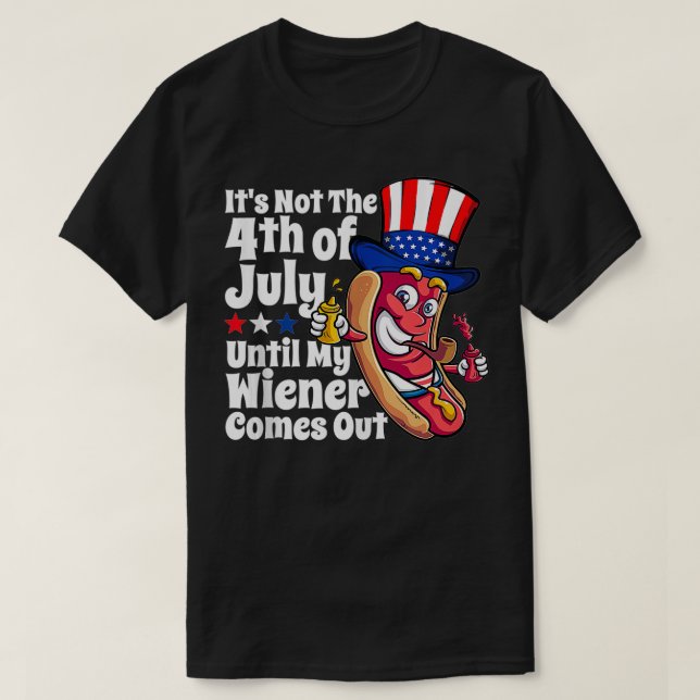Mens Funny 4th of July Hot Dog Wiener Comes Out Ad T-Shirt (Design Front)