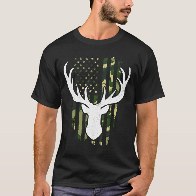 Mens Funny American Flag Whitetail Elk Hunting App T-Shirt (Front)