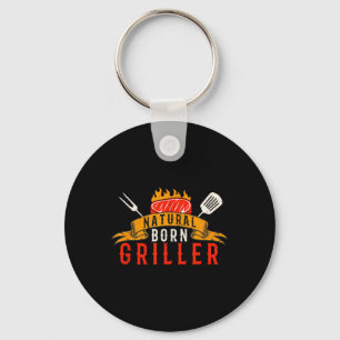 Mens Funny Bbq Natural Born Griller Retro Meat Smo Key Ring