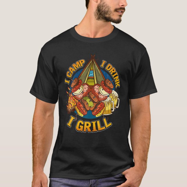 Mens Funny Camping Drinking Grilling T Shirt With  (Front)