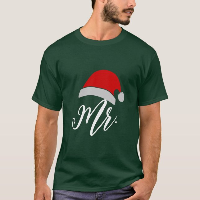 Mens Funny Christmas Couples Matching Mr Santa Hat T-Shirt (Front)