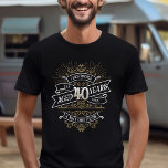 Mens Funny Whiskey 40th Birthday T-Shirt<br><div class="desc">Celebrate the big 4-0 with style and humour with this vintage whiskey label-inspired birthday design. The black, gold, and white typography is ornate and elegant, giving it a classic retro vintage feel. Perfect for man (or woman!) in your life who loves their scotch, spirits, bourbon, and other liquor drinks. Features...</div>