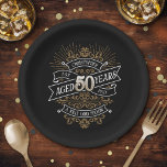 Mens Funny Whiskey 50th Birthday Paper Plate<br><div class="desc">Celebrate the big 5-0 with style and humour with this vintage whiskey label-inspired birthday design. The black, gold, and white typography is ornate and elegant, giving it a classic retro vintage feel. Perfect for man (or woman!) in your life who loves their scotch, spirits, bourbon, and other liquor drinks. Features...</div>