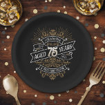 Mens Funny Whiskey 75th Birthday Paper Plate<br><div class="desc">Celebrate the big 7-5 with style and humour with this vintage whiskey label-inspired birthday design. The black, gold, and white typography is ornate and elegant, giving it a classic retro vintage feel. Perfect for man (or woman!) in your life who loves their scotch, spirits, bourbon, and other liquor drinks. Features...</div>
