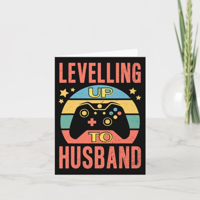 Mens Gamer Husband Levelling Up Wedding Engagement Card (Front)