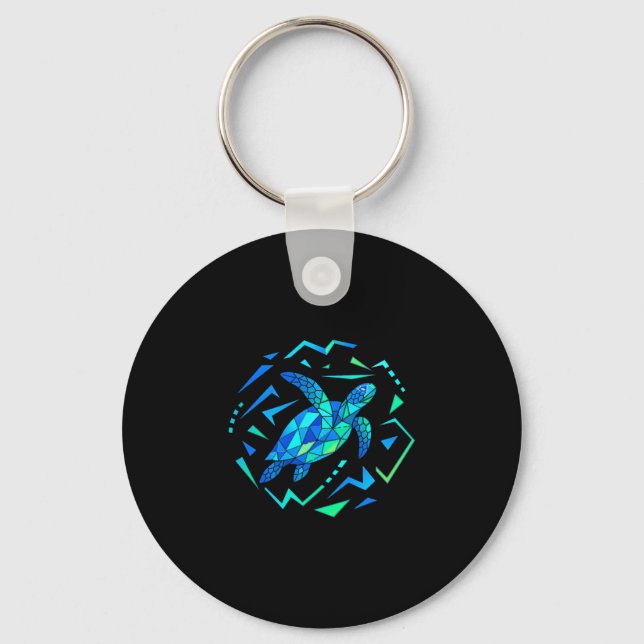 Mens geometric sea turtle with vibrant patterns key ring (Front)
