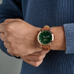 Mens Green Gold Monogrammed Brown Leather Strap Watch<br><div class="desc">Create your own custom, personalised, elegant faux gold monogrammed on dark forest green dial, stylish cool unique classy mens rose gold retro vintage classic look style brown leather strap watch. Simply type in your name / monogram / initials, to customise. Makes a great gift, for birthday, graduation, fathers day, christmas,...</div>