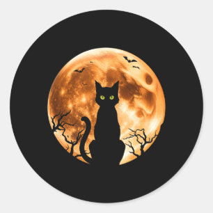 Mens Halloween Cat Moon Black Cat Night Bat Classic Round Sticker
