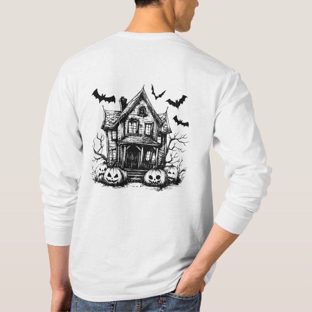 Mens Halloween Shirt Haunted House Tee Bats Shirt (Back)