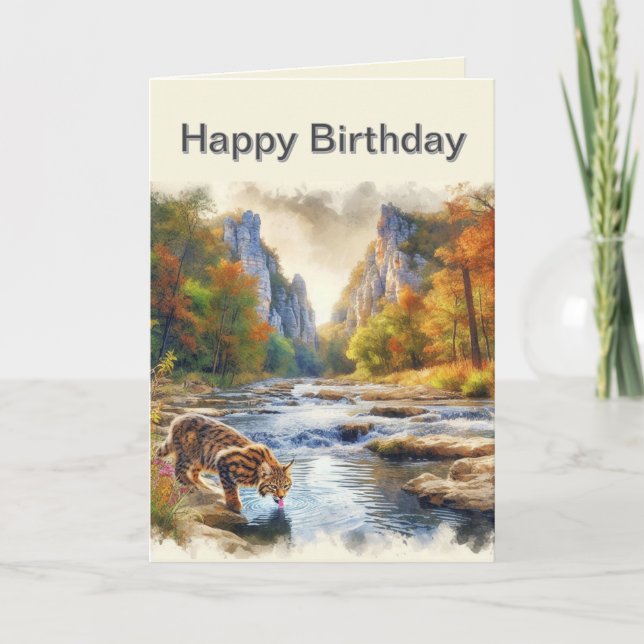Mens Happy Birthday Bobcat Nature Greeting Card (Front)