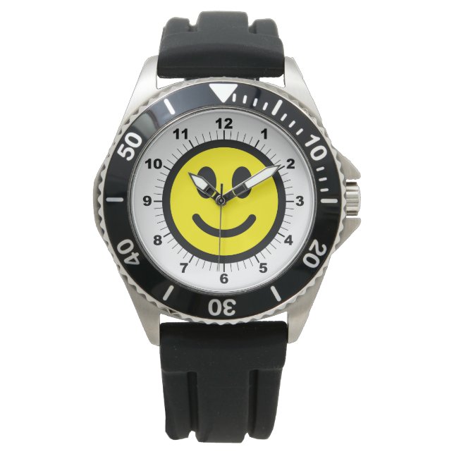 Men's Happy Face Black Rubber Strap Watch  (Front)