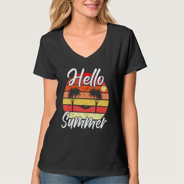 Mens Hello Summer - Palm Trees Hammock Retro Sunse T-Shirt (Front)