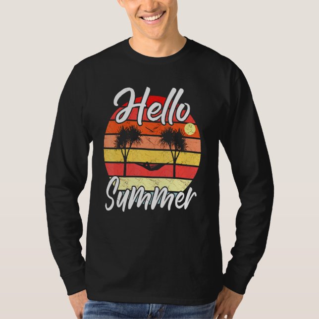 Mens Hello Summer - Palm Trees Hammock Retro Sunse T-Shirt (Front)