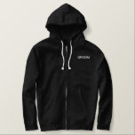 Men's Hoodie Groom<br><div class="desc">For the Groom shown is a Black hoodie to relax in. White embroidered text on the front and back.
Customise this item or buy as shown.</div>
