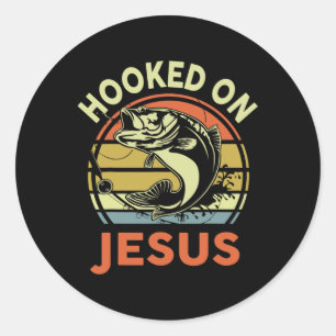 Mens Hooked On Jesus Christian Fishing-shirt Funny Classic Round Sticker