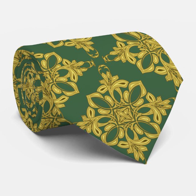 Men's Hunter Green and Faux Gold Pattern Tie (Rolled)