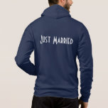 Mens Just Married Hoodie<br><div class="desc">This soft zip hoodie by Bella is for the groom to relax in, shown in Navy with a Just Married text on the back.
Customise this item or buy as is.</div>