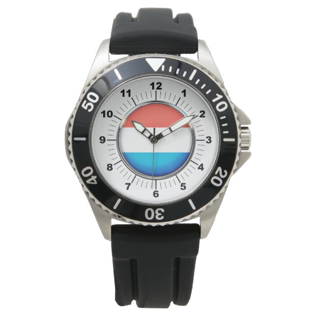Men's Luxembourg Flag Black Rubber Strap Watch  (Front)