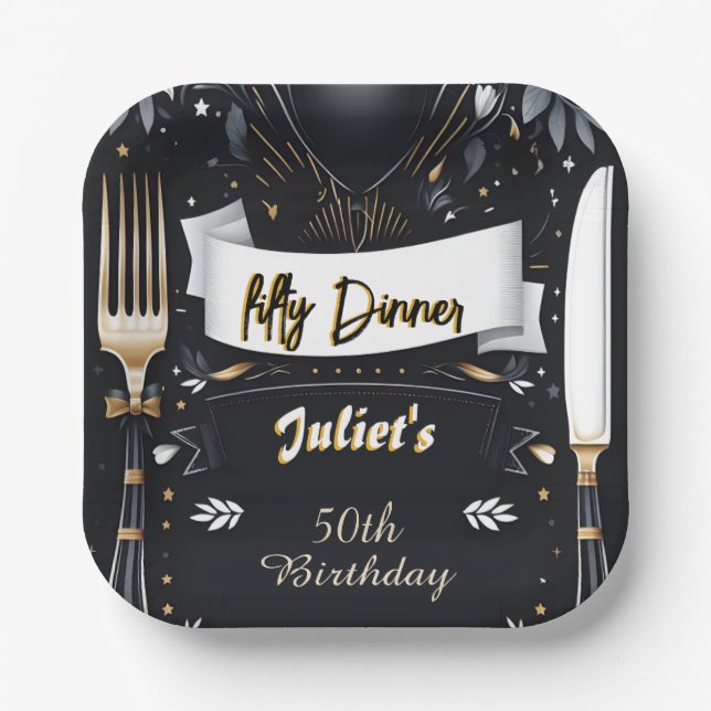 Mens Male adult dinner elegant 50th birthday Paper Plate (Front)