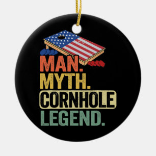 Mens Man Myth Cornhole Legend USA Flag Corn Hole Ceramic Tree Decoration
