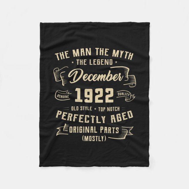 Mens Man Myth Legend December 1922 100th Birthday Fleece Blanket (Front)