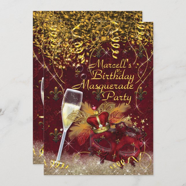 Mens Masquerade Mardi Gras Birthday Party Invite (Front/Back)