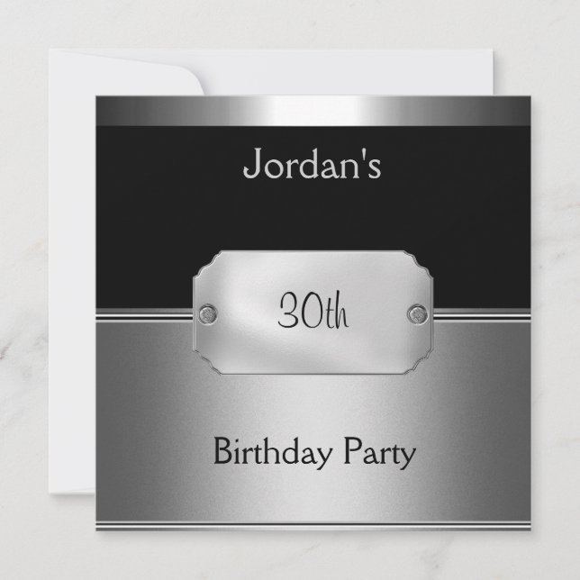 Mens Metal Black Silver 30th Birthday Party Invitation (Front)