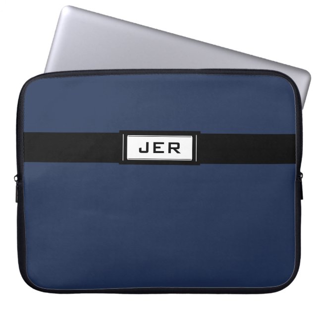 Men's Modern Monogrammed Initials Blue Black Cool Laptop Sleeve (Front)