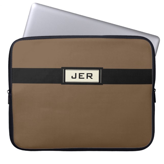 Men's Modern Monogrammed Initials Brown Black Cool Laptop Sleeve (Front)