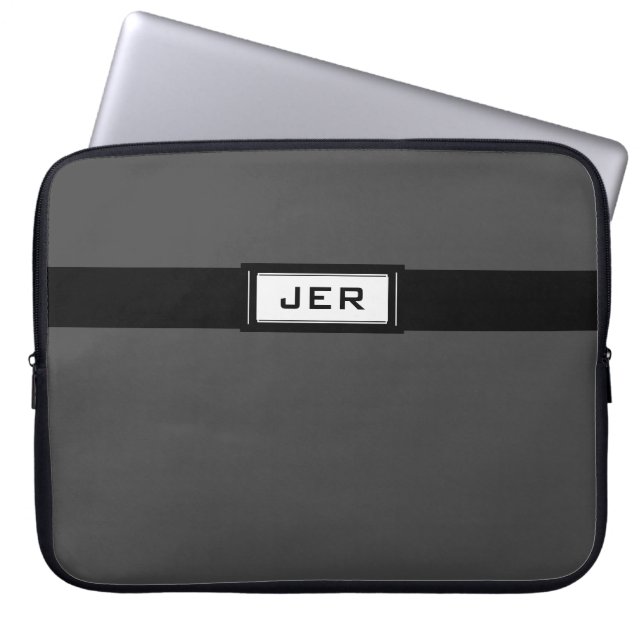 Men's Modern Monogrammed Initials Gray Black Cool Laptop Sleeve (Front)