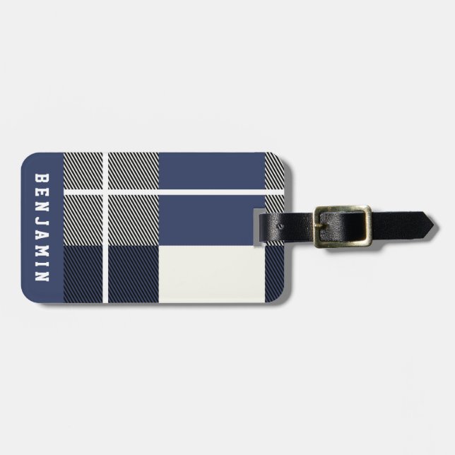 Men's Modern Navy Bufallo Pattern Luggage Tag (Front Horizontal)