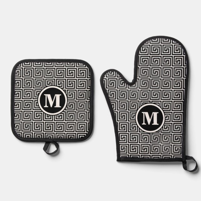 Mens Monogram Black Greek Key Meander Pattern Oven Mitt & Pot Holder Set (Front)
