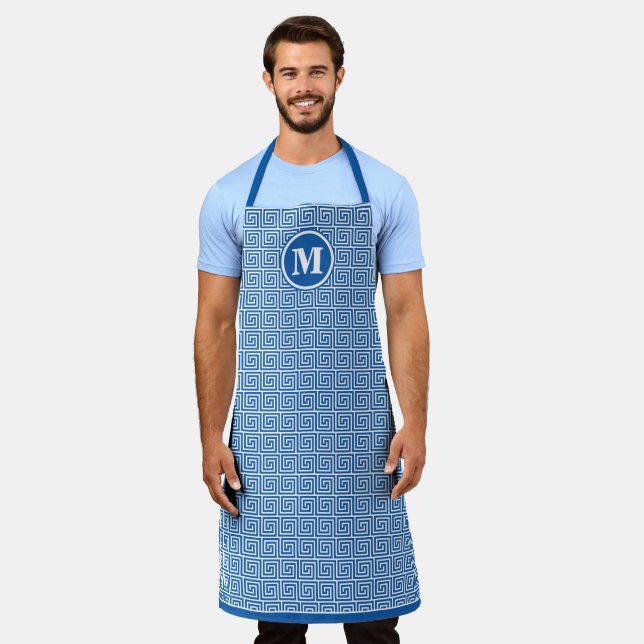Mens Monogram Blue Greek Key Meander Pattern Apron (Worn)
