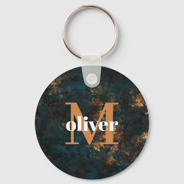 Men's Monogram Gold And Navy Teal  Keychain (Front)