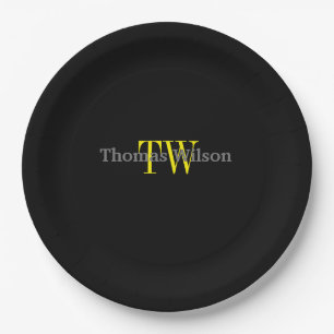 Men's Monogram Modern Minimalist Black & Grey Paper Plate