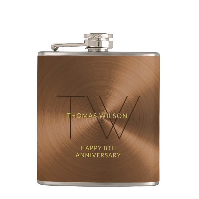 Mens Monogram Modern Minimalist Bronze Anniversary Hip Flask (Front)