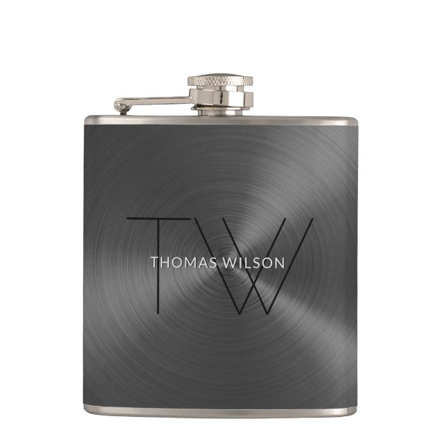Men's Monogram Modern Minimalist Gunmetal Grey Hip Flask (Front)
