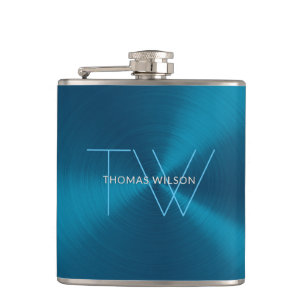 Men's Monogram Modern Minimalist Metallic Blue Hip Flask