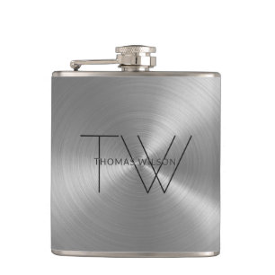 Men's Monogram Modern Minimalist Pewter Grey Hip Flask