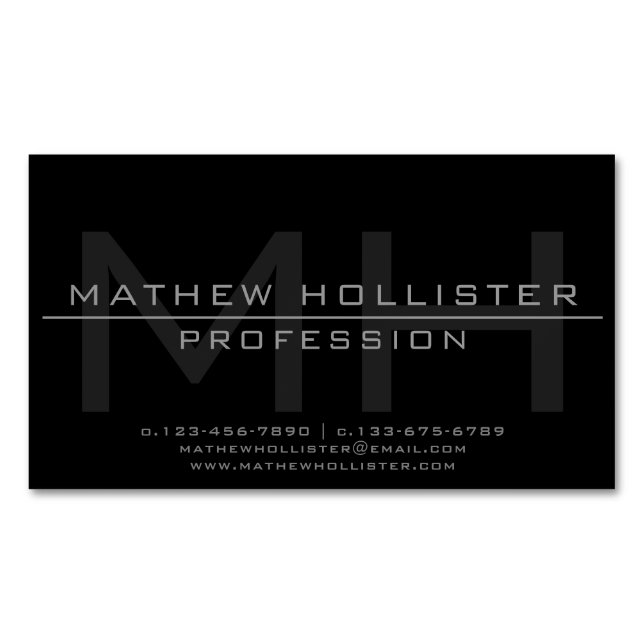 Men's Monogrammed, Grey & Black Magnetic Business Card (Front)
