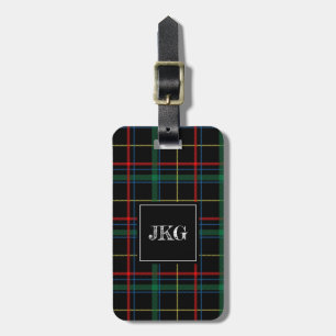 Men's Monogrammed Modern Black Green Plaid Tartan Luggage Tag